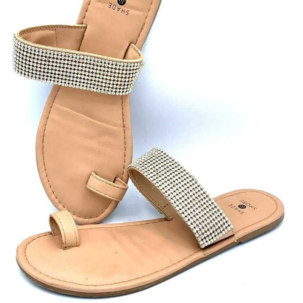 SHADE&SHORE-Embellished Rhinestone Slide Tan Shoes, Vacation Sandals Size 8